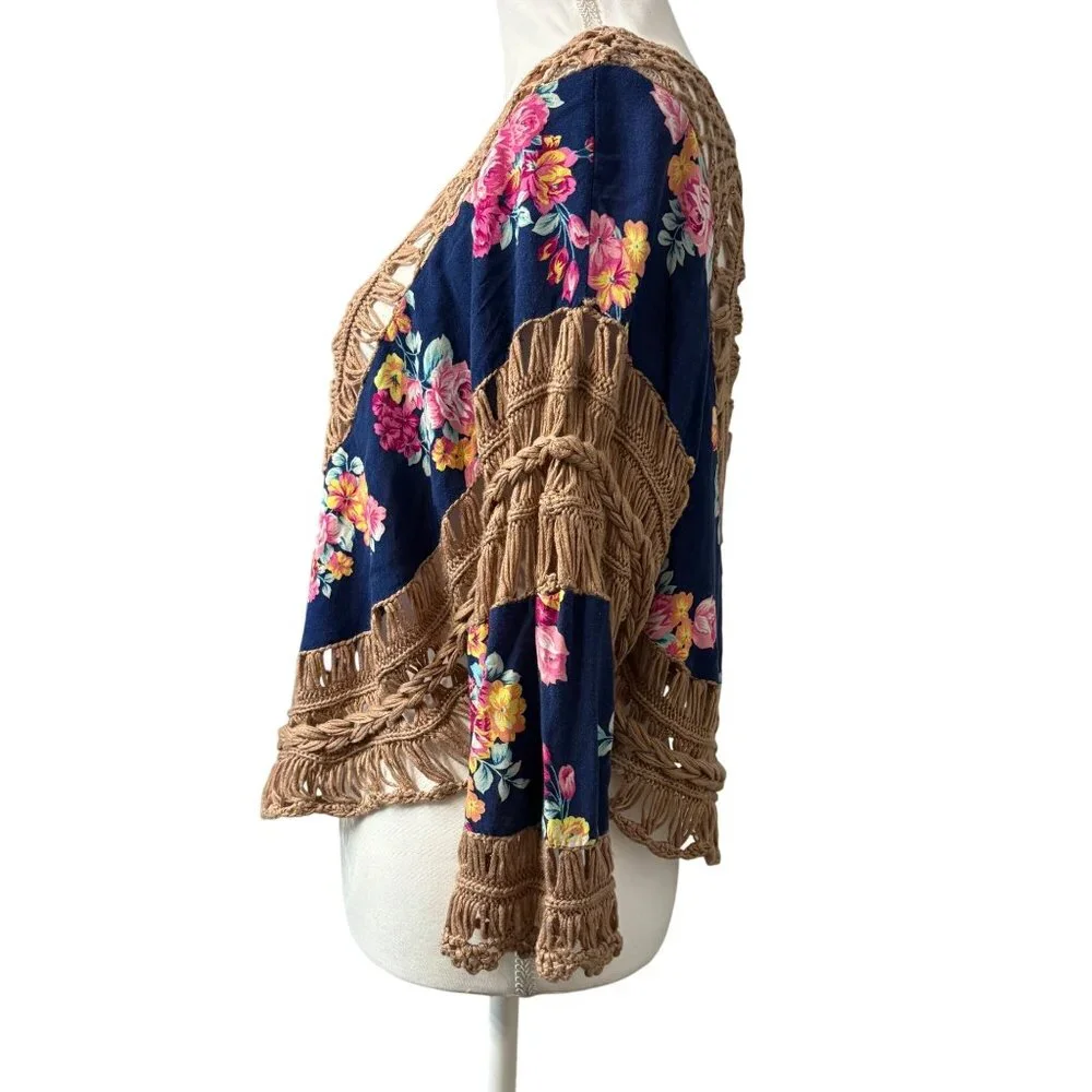 Boho Chic Crochet & Floral Knit Top With Raglan Sleeves Size Small